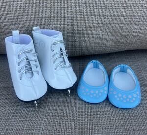 American Girl Ice Skates And Blue Sparkle Shoes Lot Of 2